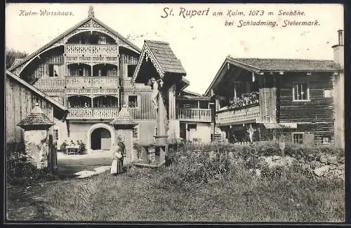 AK St. Rupert am Kulm, Kulm-Gasthaus mit Kindern und Flurkreuz