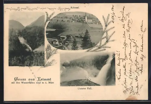 AK Krimml, Ortsansicht, Obere Fälle und Unterer Wasserfall