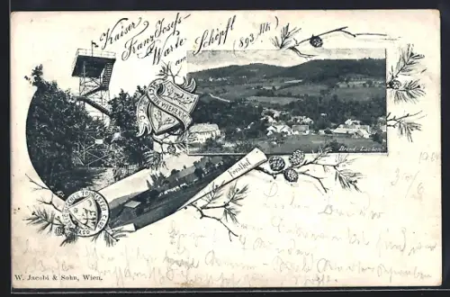 AK Brand-Laaben, Kaiser Franz Josefs-Warte am Schöpfl, Forsthof und Ortsansicht