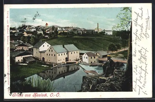 AK Haslach /O.-Ö., Ortsansicht mit Wasserpartie