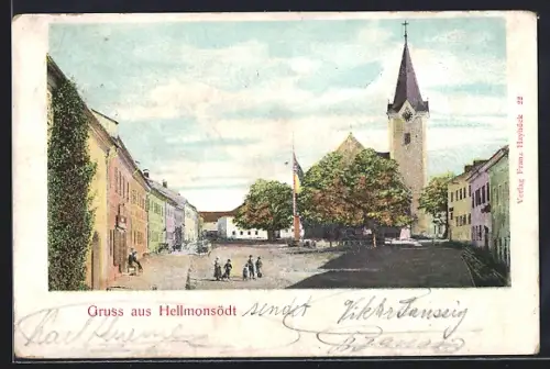 AK Hellmonsödt, Strassenpartie mit Kirche