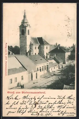 AK Biedermannsdorf, Strassenpartie mit Kirchturm
