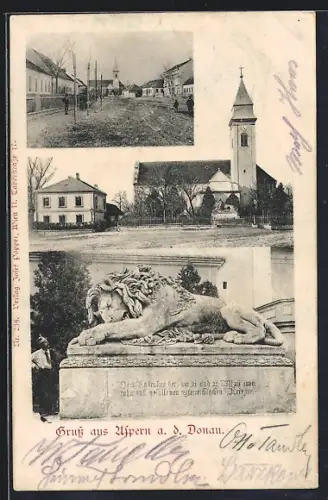 AK Wien, Aspern a. d. Donau, Kirche, Löwendenkmal, Strassenpartie mit Kirche