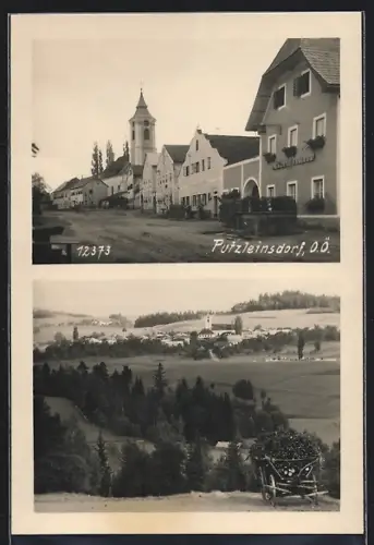 AK Putzleinsdorf /O. Ö., Strassenpartie mit Kirche und Ortsansicht über Wald und Weide