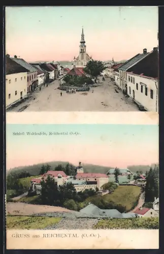 AK Reichental /O. Oe., Ortspartie auf dem Marktplatz und Schloss Waldenfels