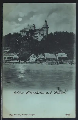 Mondschein-AK Ottensheim a. d. Donau, Blick auf das Schloss übers Wasser