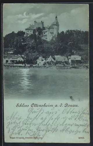 Mondschein-AK Ottensheim a. d. Donau, Blick aufs Schloss übers Wasser