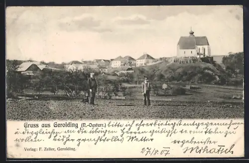 AK Gerolding /N.Oe., Feldblick mit Bauer und Hund und Wanderer