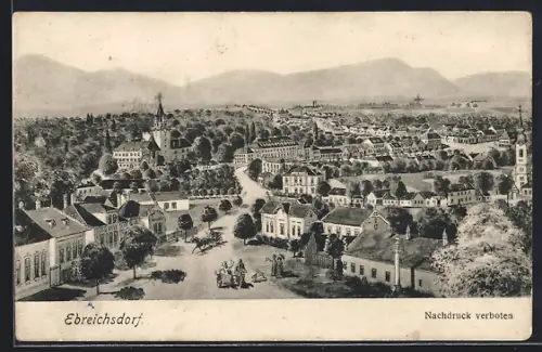 Künstler-AK Ebreichsdorf, Ortsansicht mit Bergpanorama