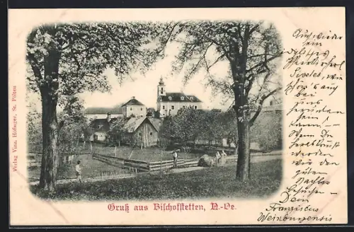 AK Bischofstetten /N.-Oe., Ländliche Ortspartie mit Kirche