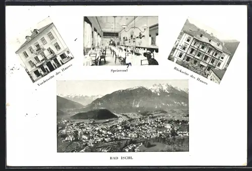 AK Bad Ischl, Hotel Franz Karl Vorder- und Rückseite, Speisesaal, Panorama