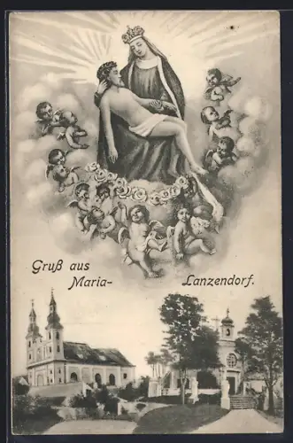 AK Maria Lanzendorf, Ansicht der Kirche, Toter Christus in den Armen Marias