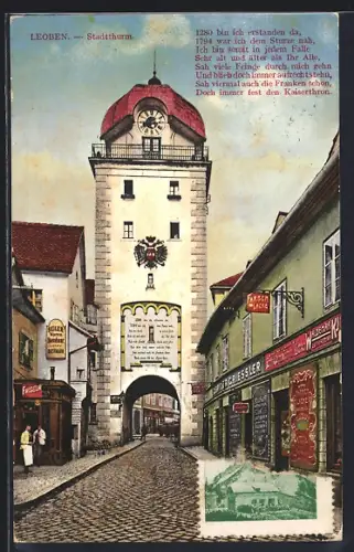 AK Leoben, Strassenpartie mit Stadtthurm und Geschäften