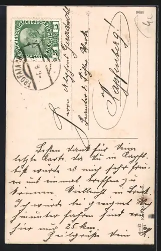 AK Leoben, Strassenpartie mit Stadtthurm und Geschäften