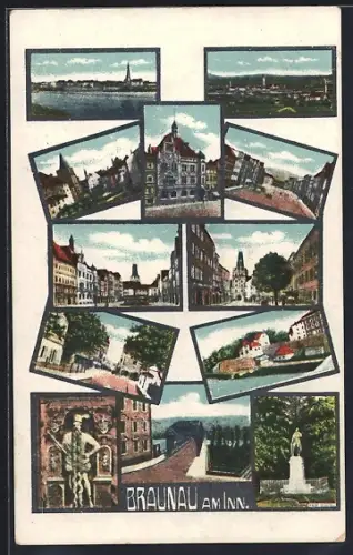 AK Braunau am Inn, Ortsansicht, Denkmal, Brücke über den Inn