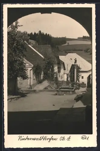 AK Niederwaldkirchen /Ob. D., Ortspartie mit Denkmalsäule, 