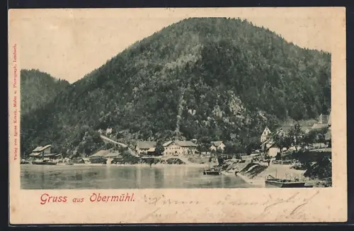 AK Obermühl an der Donau, Ortschaft mit Wasserpartie, Berg im Hintergrund