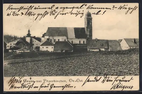 AK Pfarrkirchen /Ob.-Öst., Ortsansicht mit Kirche vom Feld aus