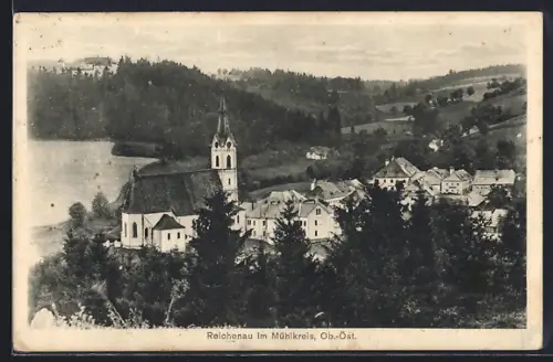 AK Reichenau / O.Ö., Teilansicht mit Kirche und Wald aus der Vogelschau