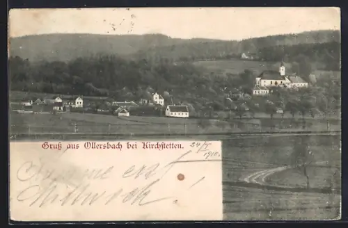 AK Ollersbach bei Kirchstetten, Ortsansicht mit Kirche vom Feld aus