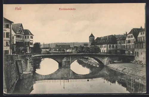 AK Hall / Tirol, Blick auf die Henkersbrücke und Gasthaus