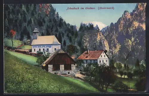 AK Johnsbach, Kapelle mit zwei Häusern vor dem Gesäuse