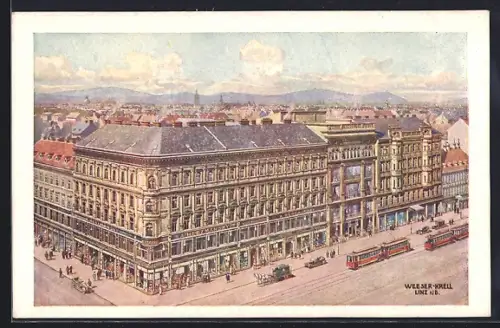 Künstler-AK Wien, Hotel A. Herzmansky aus der Vogelschau, Strassenbahn