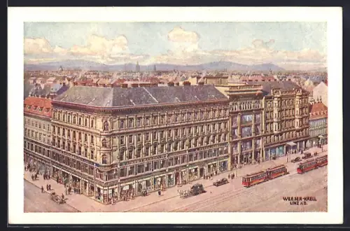 Künstler-AK Wien, Warenhaus Herzmansky mit Strassenbahnen aus der Vogelschau