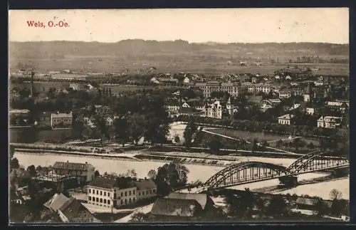 AK Wels, Ortsansicht mit Brücke
