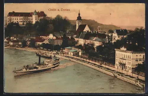 AK Grein a. Donau, Teilansicht mit Dampfer aus der Vogelschau