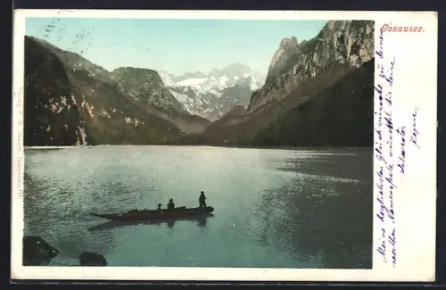 AK Gosausee, Boot auf dem See unterwegs, Blick zum Dachstein
