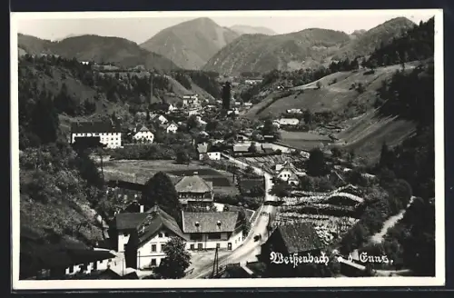 AK Weissenbach a. d. Enns, Gesamtansicht mit Strasse u. Bergen aus der Vogelschau