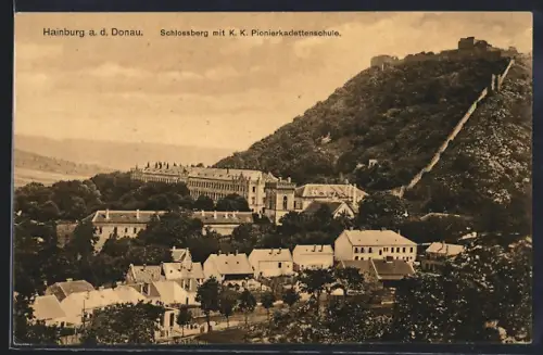 AK Hainburg a. d. Donau, Schlossberg mit K. K. Pionierkadettenschule