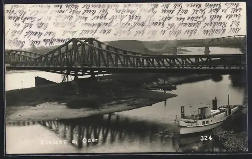 AK Steinau a. Oder, Dampfboot Katzbach unter einer Brücke