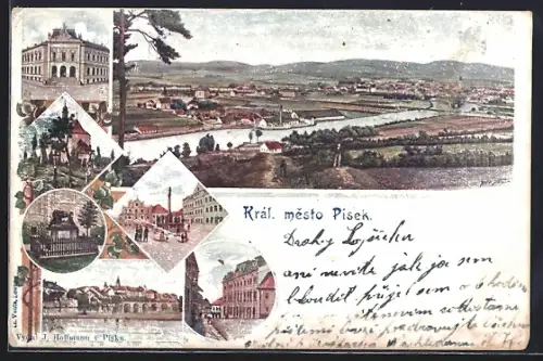 AK Pisek, verschiedene Ortsansichten, Marktplatz, Denkmal & Kirche