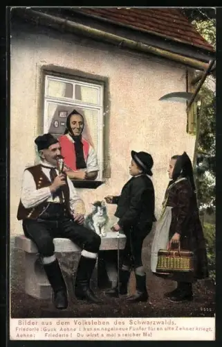 AK Kinder mit ihren Grosseltern in Schwarzwälder Tracht, Katze