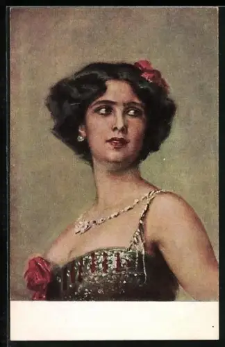 Künstler-AK Hermann Kaulbach: Portrait junge schwarzhaarige Frau mit Blume am Kleid