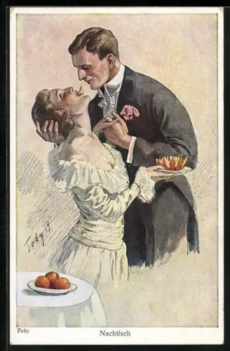 Künstler-AK Nachtisch, Mann nascht eine Mandarine aus dem Mund einer Frau