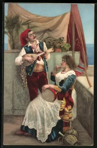 Lithographie Neapel / Napoli, Musiker mit Tamburin & Laute