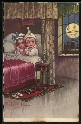 Künstler-AK E. Colombo: Mond lächelt durchs Fenster dem Liebespaar zu