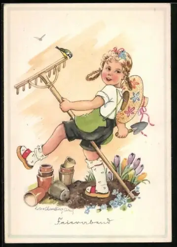 Künstler-AK Mädchen mit Rechen im Garten