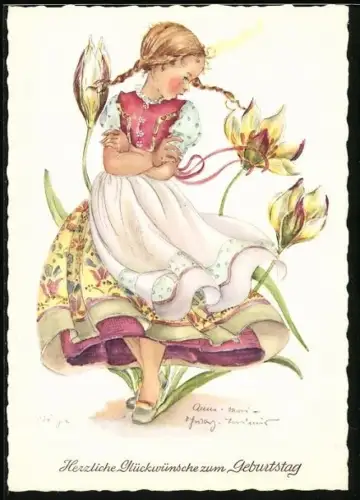 Künstler-AK Schwarz-Torino: Kleine Elfe im Kleid vor einer Blume
