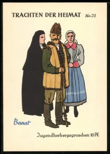 AK Trachten der Heimat, Mann und zwei Frauen in Banat-Tracht