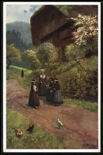 Künstler-AK H. Hoffmann: Frauen in Tracht vor einem Haus