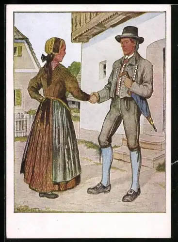 Künstler-AK Kärnten, Liebespaar in Volkstracht aus dem Rosental