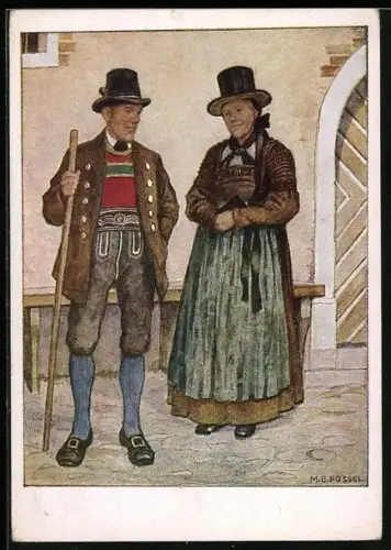 Künstler-AK sign. M. E. Fossel: Salzburg, Paar in Ostmärkischen Trachten