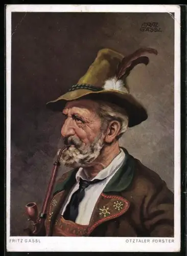 Künstler-AK Fritz Gässl, Ötztaler Förster mit Hut und Pfeife