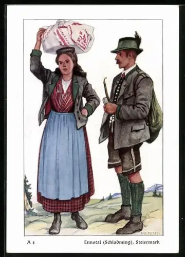 Künstler-AK Schladming /Ennstal, Steiermark, Paar in Tracht