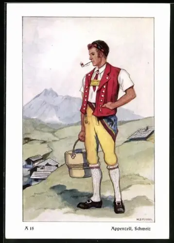 Künstler-AK Junger Mann in Appenzeller Tracht in den Bergen