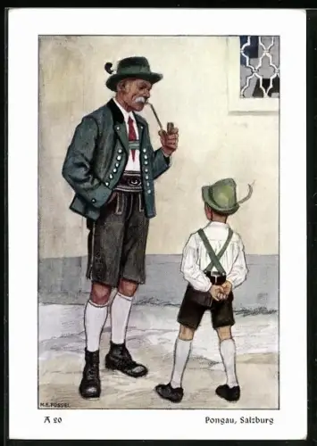 Künstler-AK Mann und kleiner Junge in Pongauer Tracht